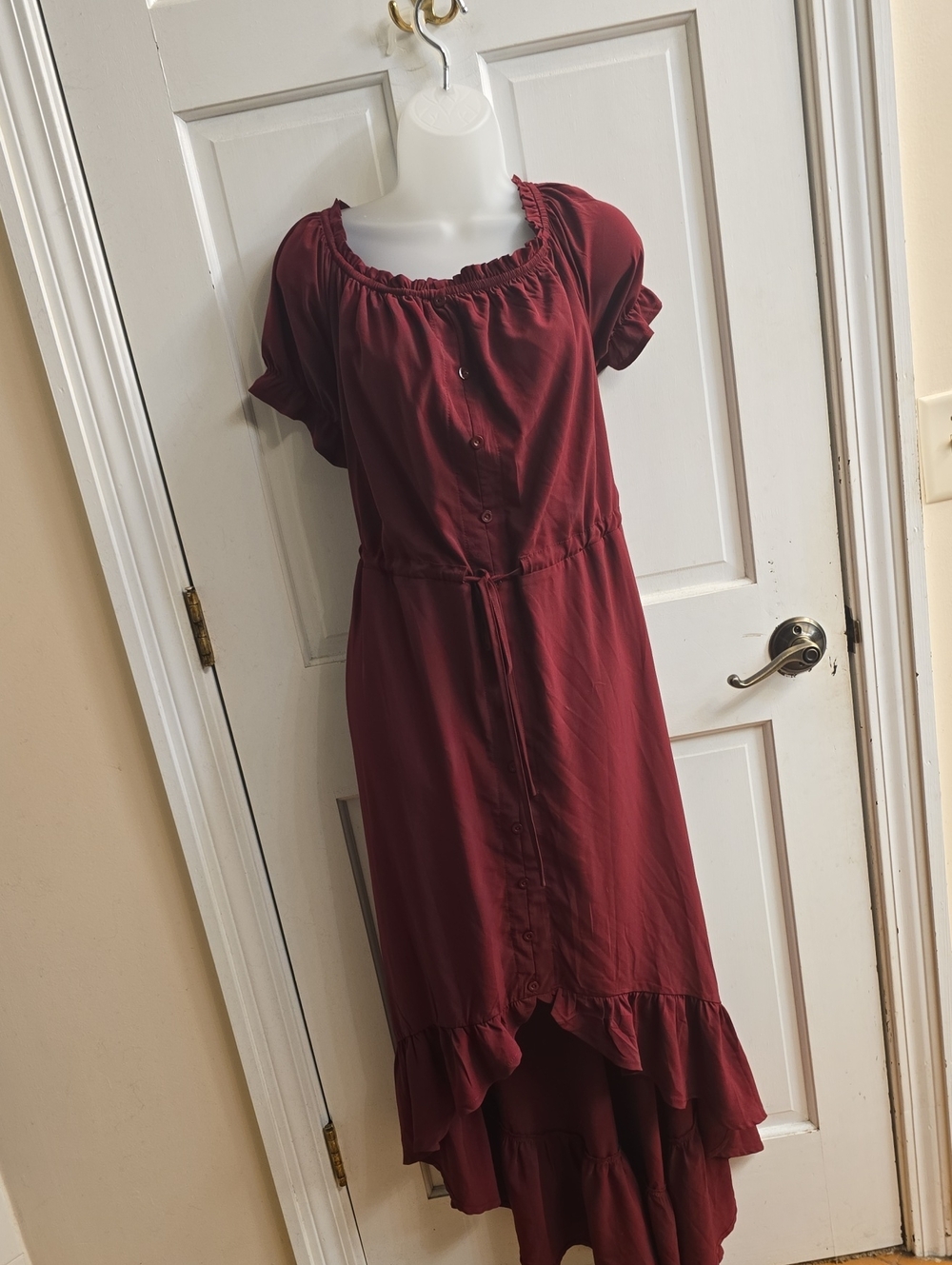 High-Low Ruffle Off The Shoulder Maxi Dress in Deep Red